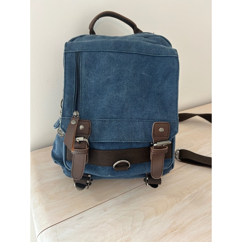 Washed Blue Canvas Sling Backpack One Strap Crossbody Bag Brown Trim Messenger
